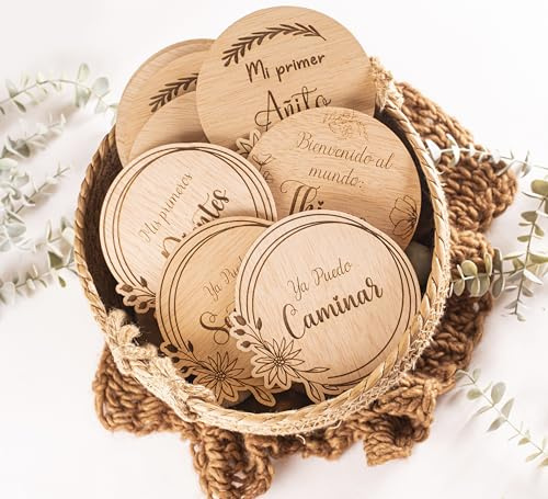 Placas Cumple Mes de bebé grabadas en Madera Personalizadas - Placas Cumple Mes de bebé grabadas en Madera - Set de Tarjetas- Disco con frase divertida para fotografiar esos momentos tan especiales