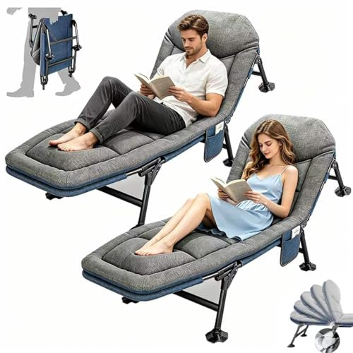 Foldable Sun Lounger, Garden Sun Loungers, 5-way Adjustable Camping Bed, Folding Sunbed with Pillow and Mattress, Fishing Bed Chair Perfect for Camping, Indoor/Outdoor (190 x 65 x 30 cm) (2, Grey)