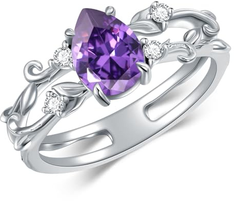 Birnenförmiger Amethyst-Zweigring für Frauen – 925 Sterling Silber, Amethyst-Ring mit Ranken- und Blattdesign, einzigartiger Verlobungsring, Brautgeschenk, Größe 6-9