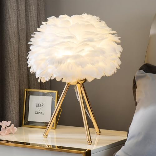 Chao Zan Moderne Tischlampe mit Federschirm, Goldenes Dreibein-Gestell, 45 cm Höhe, 30 cm Durchmesser, Nachttischlampe Dekorative Schlafzimmer Nachtlicht Wohnzimmer E27 Tischleuchte (Weiß)
