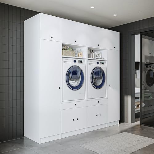 ROOMART Schrankwand für Waschküche & Hauswirtschaftsraum – 224 cm – Hochschrank mit Ausziehbrett – Waschmaschinenumbauschrank & Stauraumregal (Weiß, V1 : 224 x 230 x 67 cm (B x H x T))