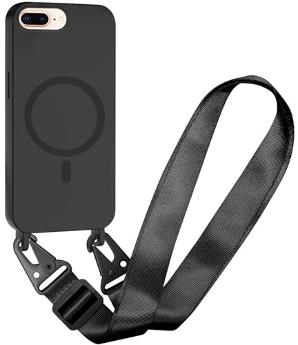 FMPCUON Handyhülle für iPhone 6/7/8 Plus kompatibel Wireless Charging,Magnetisch Necklace Hülle mit Bands für Abnehmbar Kordel zum Umhängen Silikon Case,Schwarz