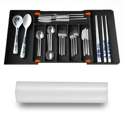 Erweiterbarer Besteckschubladen-Organizer, 38–57 cm, inklusive rutschfester Schubladenmatte (2 m × 45 cm) und verstellbarem Besteckkorb, geeignet für Gabeln, Löffel, Messer und Essstäbchen