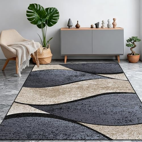 WQMMD Teppich Wohnzimmer 140x200 cm Waschbar rutschfest Modern Wellenmuster Kurzflor Teppich Blaugrau Anthrazit Beige Maschinenwaschbar für Schlafzimmer Esszimmer Büro Jugendzimmer