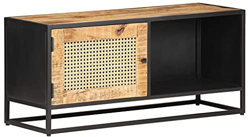 HaoChrymec TV Cabinet with Solid Mango Wood, Woven Cane Doors and Iron Frame, Media Console, TV Stand Unit, for Living Room Storage, Natural Wood Finish, 90x30x40 cm