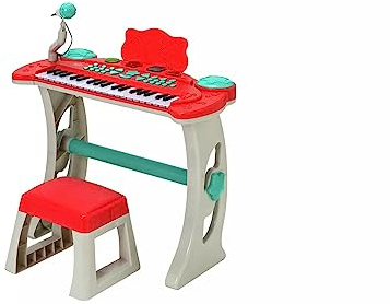 Kids Electronic Keyboard Piano Set with Microphone and Stool, Musical Educational Toy in Red and Turquoise, 37 Keys with Stand