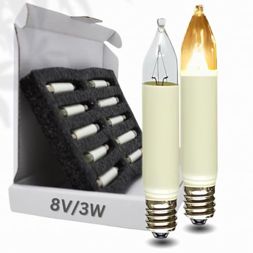 BERGLäMPL Schaftkerzen E10 3W 8V warmweiß Glühlampe Ersatz für Schwibbogen, Lichterbogen, Lichterketten, Weihnachtsbeleuchtung | 65mm