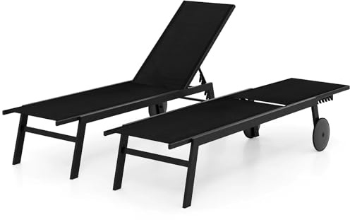 COSTWAY Bain de Soleil avec 2 roulettes, Chaise Longue Jardin Exterieur Réglable en 6 Positions, Tissu Respirant, Structure en Métal, Transat pour Piscine Terrasse Jardin, Charge 150 kg (Noir,2)