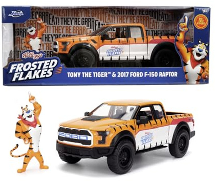 Jada Toys Kellogg's Frosted Flakes Auto Ford F150 Raptor 2017 (20 cm) mit Tony The Tiger Figur (7 cm) - Modellauto mit Türen zum Öffnen, Spielzeug-Set aus Metall für Fans und Kinder ab 8 Jahre