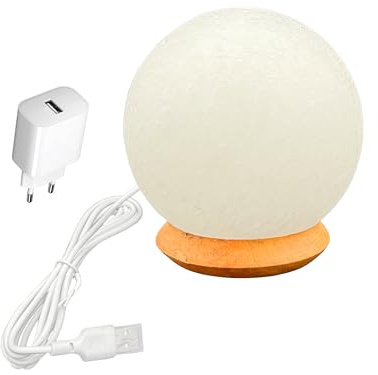 HAF Beleuchtete USB Salzlampe BALL Weiß aus Kristallsalz – Handgefertigte Salzkristall LED Deko Lampe mit Holzsockel – Für warmes Licht, entspannte Atmosphäre – Als Tischlampe für Büro & Schlafzimmer