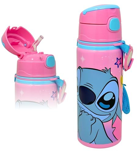 Clondo Borraccia per Bambini 3-10 Anni 600ml in Alluminio con Cannuccia e Tracolla | Bottiglia d'Acqua Anti-Goccia Asilo e Scuola | Idea Regalo con Targhetta Nome | Vari Personaggi (Stitch)