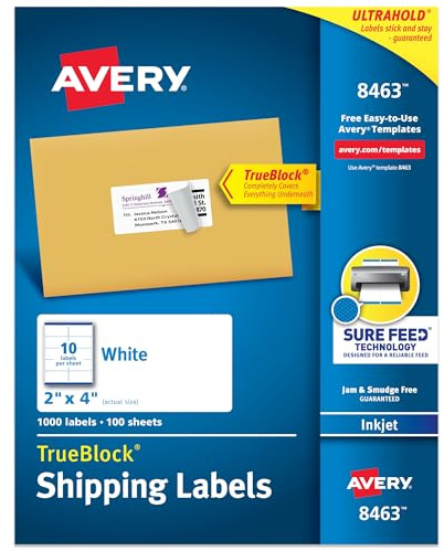 Avery Shipping Address Labels, Inkjet Printers, 1,000 Labels, 2x4 Labels, Permanent Adhesive, TrueBlock (8463)