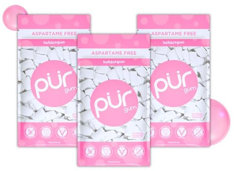 PUR Gum | Chicle Sin Azúcar | Con Xilitol | Vegano, Sin Aspartamo y Sin Gluten | Chicle Natural Con Sabor a Bubblegum, 55 Piezas (Paquete de 3)