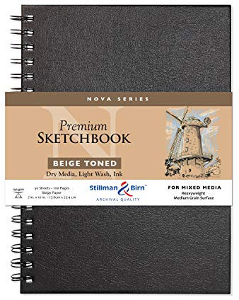 Stillman & Birn Nova Series Skizzenbuch, Spiralbindung, 17,8 x 25,4 cm, 150 g/m² (schwer), beigefarbenes Papier, mittelkörnige Oberfläche