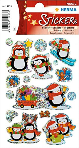 HERMA 15235 Aufkleber Pinguin Glitzer klein groß, 8 Stück, Weihnachten Sticker aus Hologramm Folie, Kinder Etiketten für Weihnachtsdeko Geschenke Adventskalender Winter Deko Scrapbooking DIY Basteln