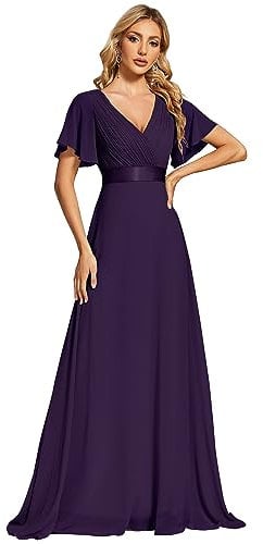 Ever-Pretty Abiti da Sera Donna Stile Impero Linea ad A Scollo a V Maniche Corte Lungo Viola Scuro 52
