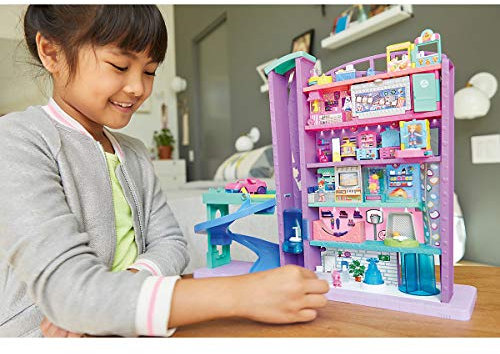 Polly Pocket GFP89 - Pollyville Einkaufspalast Grande Galleria Puppenhaus, mit 6 Stockwerken, Aufzug, Fahrzeug, Parkgarage, kleinen Polly & Lila-Puppen, Hund & Spielzubehör, Spielzeug ab 4 Jahren