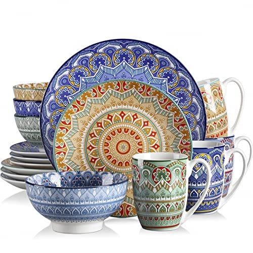 vancasso serie Mandala Vajilla 16 piezas Vajillas de Porcelana Completas con 4 Platos Postre 4 Cuencos, 4 Platos Llanos 4 Tazas, para 4 Personas, Multicolor