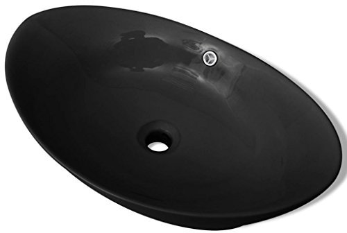Tidyard Lavabo Ovale Vasque a Poser Salle de Bain en Céramique Noire de Luxe avec Trop-Plein 59 x 38,5 cm