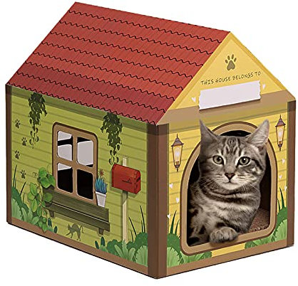 SEKAM Casa de cartón para gatos con rascador/hierba gatera, (16.5 pulgadas de largo x 12 pulgadas de ancho x 15 pulgadas de alto) Casa de juego para gatos de interior – Espacio de nombre personalizado