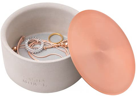 Sasha Morel Round Concrete Jewellery Storage Organiser Case Bowl Trinket Pot with Copper Metal Lid for Small Accessories - Earings Necklace Rings (Single)
