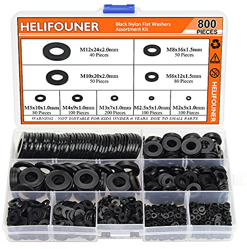 HELIFOUNER 800 Pezzi 9 Misure Nero Nylon Piatto Rondelle Assortimento Kit - M2 M2.5 M3 M4 M5 M6 M8 M10 M12