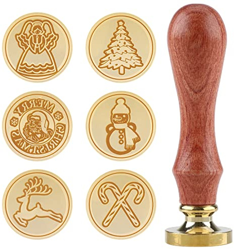 Christmas Wax Seals and Stamps Kit 6 Pieces Wax Sealing Wax Stamps Copper Seals 25mm Removable Brass Head and 1 Pc Wood Handle Wax Stamp Kit for Christmas Cards Envelopes, Invitations, Wine Packages