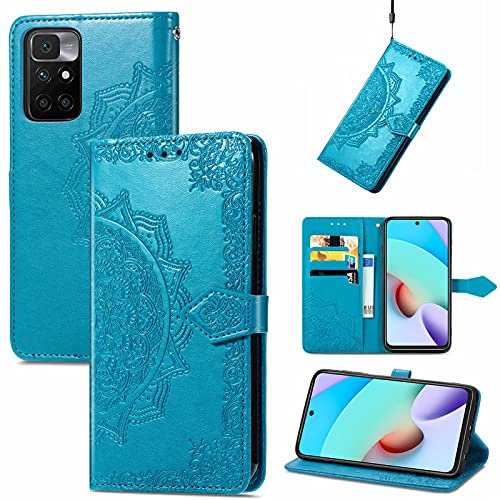 Fertuo Cover per Xiaomi Redmi 10 2022 / Redmi 10, Custodia Portafoglio a Libro in Pelle Flip Cover con Porta Carte, Chiusura Magnetica [Disegni di Mandala] Case Antiurto per Redmi 10, Blu