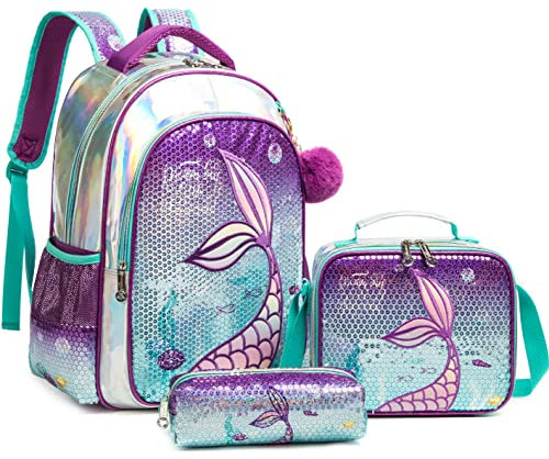 HTgroce Rucksack Schulrucksack Mädchen Meerjungfrau, Schulrucksack Mädchen Teenager Schultaschen,Rucksäcke Kinder Schultasche-Set Schulgeschenk.