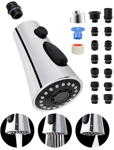 Hygie Rinse Universeller Küchenarmaturkopf Ersatz mit 15 Adapter-Kit, kompatibel mit Kohler/Moen/Delta-Wasserhahn, 3 Funktionen, ausziehbarer Spültisch-Wasserhahn-Sprühkopf, Chrom