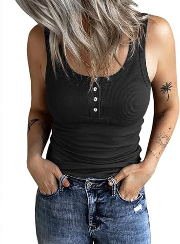 Fessceruna Damen Tops Sexy U-Ausschnitt Tank top Ärmellos Sommer Oberteile Gerippt Camisole mit Knöpfen(Schwarz, M)