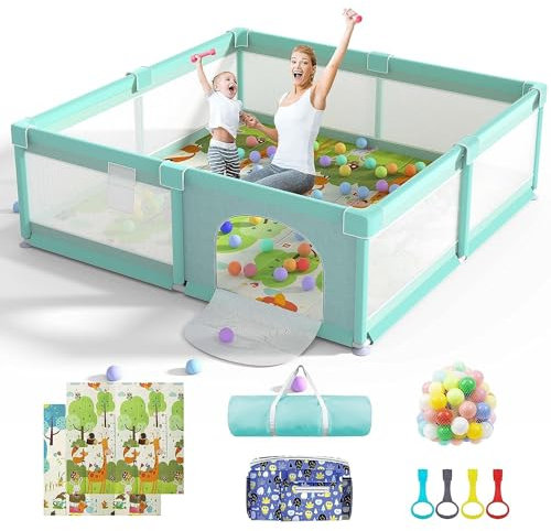 HEIZO Laufstall XXL 180x200cm Mit Matratze - Baby Kinderlaufgitter Mit Atmungsaktivem Netz und Anti-Rutsch Saugnäpfen (Grün)