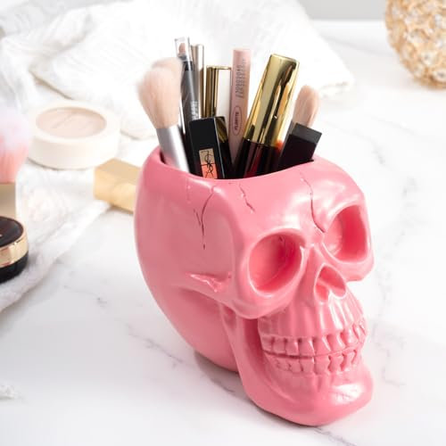 Arola Pink Skull Pen & Pencil Holder Skeleton Key Holder Makeup Brush Holder flower pot Home Office Desk Supplies Organizer Accessory