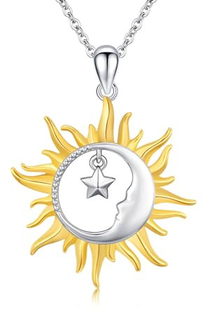 OHAYOO Sonne und Mond Kette Damen 925 Sterling Silber Stern Mond Anhänger Halskette Sonne Mond Schmuck für Unisex Frauen Damen Mädchen Geschenke