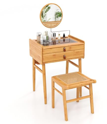 COSTWAY Schminktisch mit Hocker, Kosmetiktisch Bambus, Frisiertisch mit verstellbarem Spiegel & 2 Schubladen & Glas Tischplatte, Make Up Tisch für Schlafzimmer, Natur, 60 x 46,5 x 125 cm