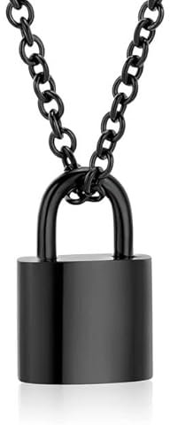 MYPOWER Cremation Jewelry Urn Necklaces for Ashes for Women Men Stainless Steel Padlock Urn Pendant Ash Holder, Black