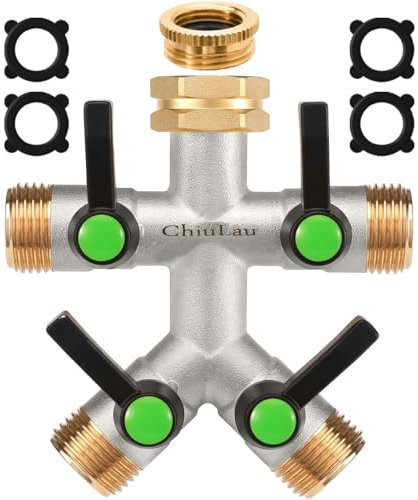 ChiuLau 4-Wege Verteiler, Messing Wasserverteiler, Gartenschlauch Adapter Verlängerter Griff, Mehrwinkliger Wasserauslass 4-Wege-Ventil, Der verbesserte sechseckige Wassereinlass ist langlebiger
