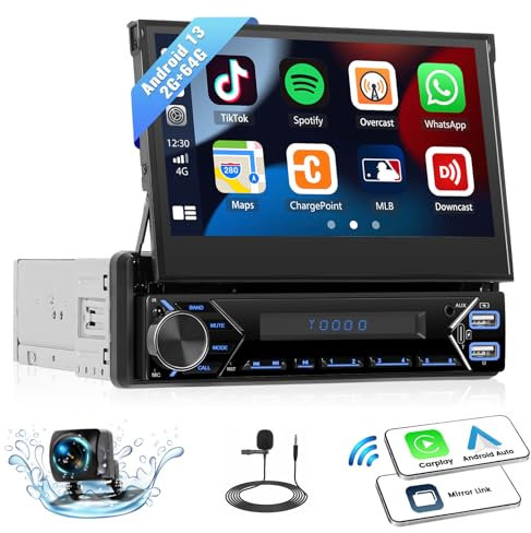 CAMECHO Android 13 2G +64G 1 DIN Autoradio con Wireless Carplay Android Auto, 7 Pulgadas Flip out Touchscreen Bluetooth con Mirror Link WiFi Sat Navi GPS SWC FM RDS USB +Cámara de Visión Trasera