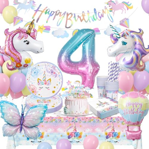 Vajilla para Fiesta de Unicornio, Mariposas 4 Años Fiesta Cumpleaños Niñas, Unicornio Vajilla Cumpleaños Decoracion Incluye Platos Taza Servilletas para 4 Años Cumpleaños 16 Invitados