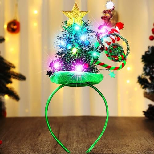 Reaky Bandeau de Noël lumineux à LED vert avec chapeau de Noël - Accessoires de Noël pour femme (vert, taille unique)