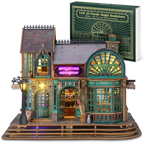 FUNPOLA LED Puzzle 3D de Madera - Maquetas para Construir Adulto librería mágica con LED - Librería mágica en Miniatura - Puzzle 3D de Arquitectura Regalo Artesanal para Adultos