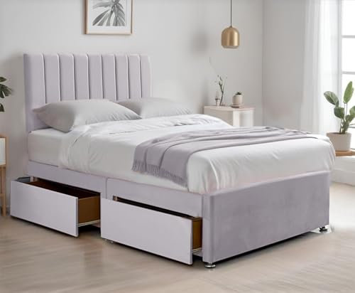 BED TIME UK - Silver Plush Divan Bed | 4FT6 Double Bed with 10 Spring Memory Foam Mattress | Bed Frame with 2 Storage Drawers & 26” Vertical Line Headboard