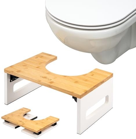 eluno Toilettenhocker, Fußbank aus Bambus mit Anti-Rutsch-Pads, platzsparend zusammenklappbar, Stabiler Klohocker ideal für Erwachsene und Kinder bietet Entlastung bei Verstopfung, Blähungen (Weiß)