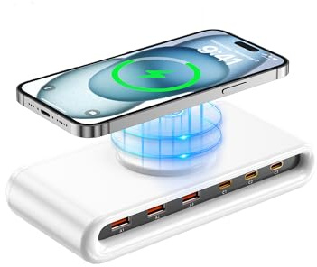 6 Port USB C Charging Station with 10W Magnetic Wireless Charger, 145W Desktop Power Hub, QC3.0 & PD45W Fast Charge for iPhone 16/15/14,iPad, Samsung (white)