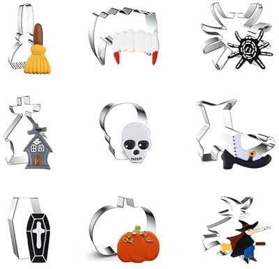 WDYJMALL Halloween Cookie Cutters 9-Pc Set - Broom Vampire Teeth Spider Haunted House Skull Witch Shoe Coffin Pumpkin Witch on Broomstick - B