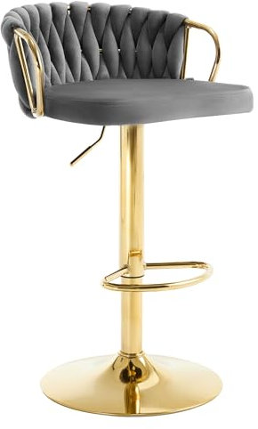 WOLTU Barhocker höhenverstellbar, Barstuhl 360° drehbar, Küchenhocker mit geflochtener Rückenlehne Fußstütze, Samtstuhl mit Metallrahmen, Dunkelgrau, BH426dgr-1