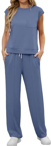 GRECERELLE Two Piece Outfits Women Summer Short Sleeve Tracksuit Womens Full Set Lounge Wear Sets for Women Casual Crew Neck Cap Sleeve Tops and Jogging Bottoms with Pockets(Haze blue, L)