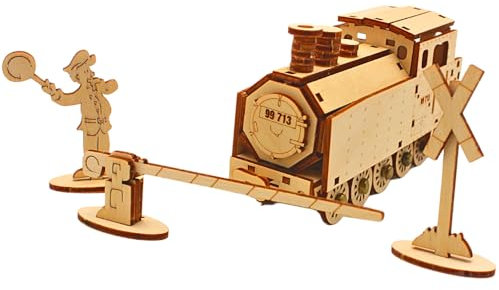 Dekohelden24 Holz Bastelsatz Lokomotive,Holzeisenbahn zum selber Bauen, Basteleisenbahn mit Schaffner und Schranke, 75-teilig, L/B/H 15 x 4,5 x 8 cm - Made in Germany -.