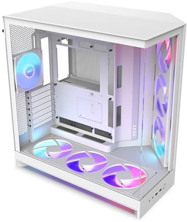 NZXT H9 Flow RGB+ (2025) – Grande Case PC ATX Mid-Tower a Doppia Camera per Flusso d'Aria – Include 7 ventole RGB (6 x 140mm, 1 x 120mm) e hub di controllo – Bianco