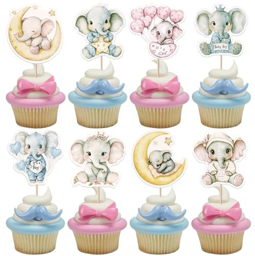 Xsstarmi 40 Pack Baby Elephant Cupcake Toppers Balloon Star Moon Cupcake Picks Pink or Blue Cake Decorations for Gender Reveal Theme Baby Shower Kids Birthay Party Cake Supplies